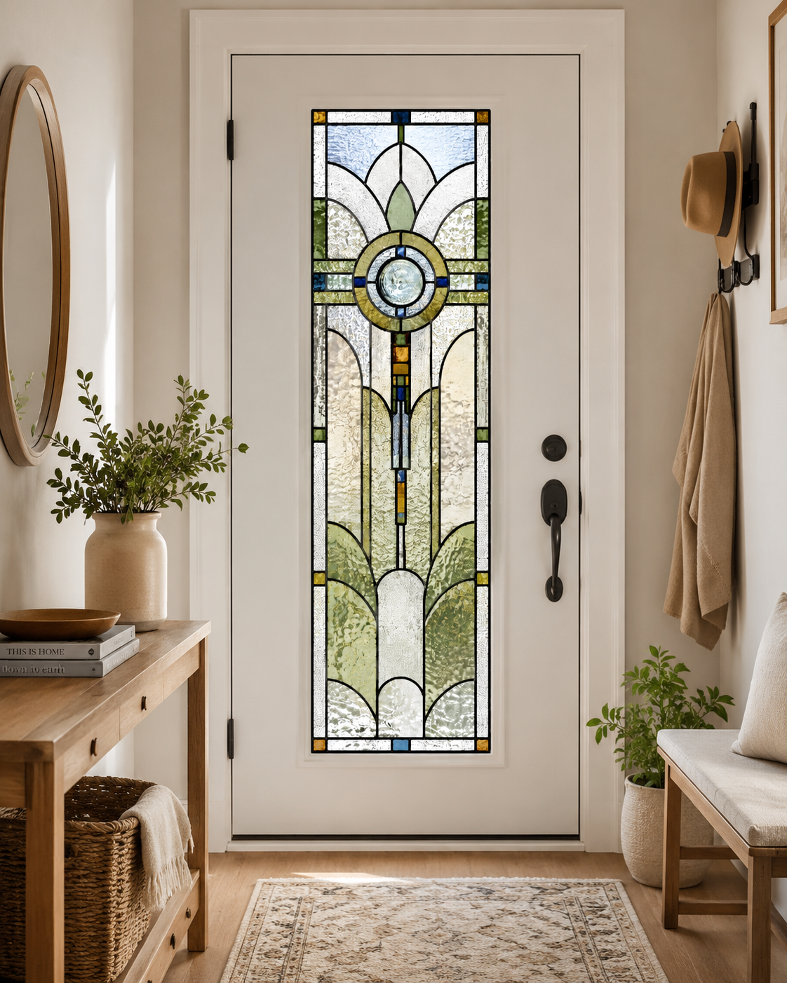 Art Deco sage window film shown in a front entry