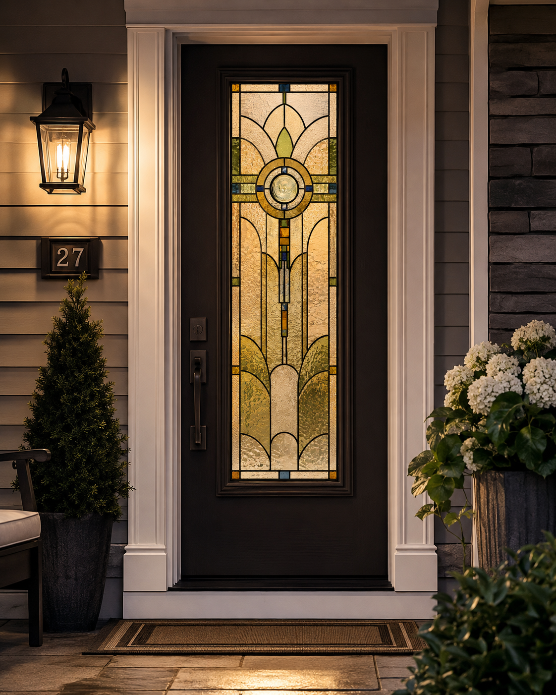 Sage Art Deco privacy film on a wood front door
