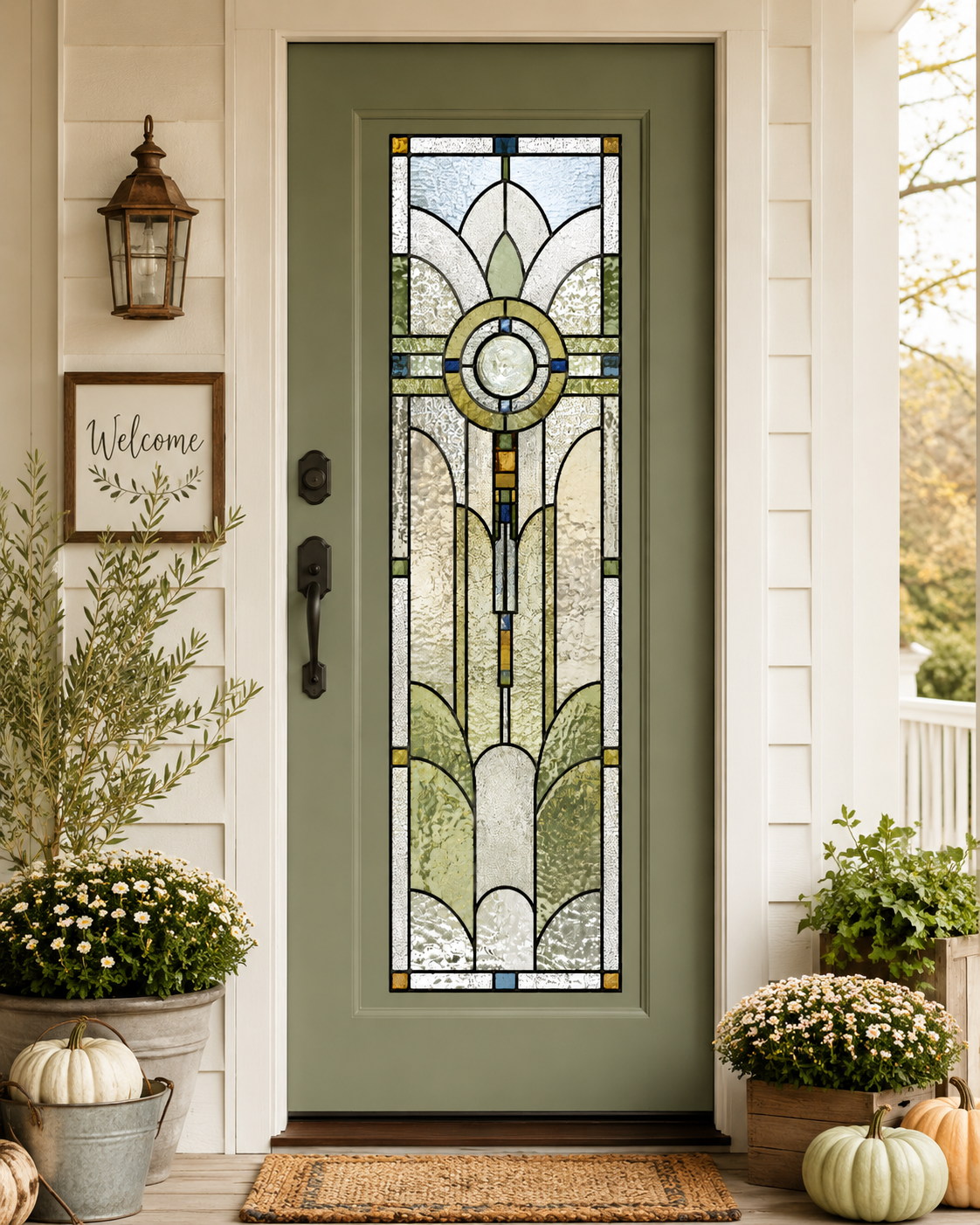 Art Deco sage window film on a bright front door