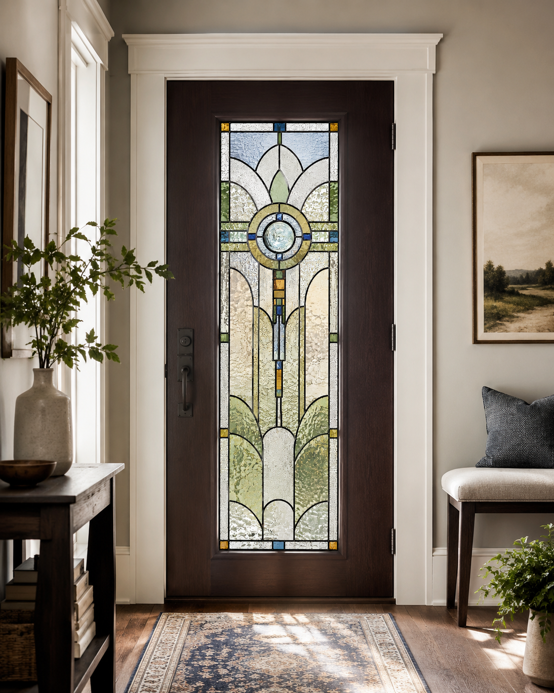 Art Deco sage medallion window film viewed from an interior entry