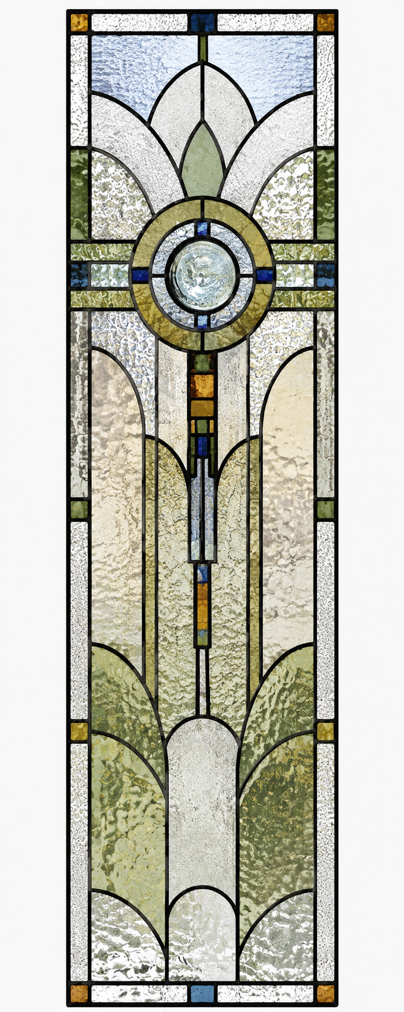 Sage blue and amber Art Deco medallion printed window film pattern