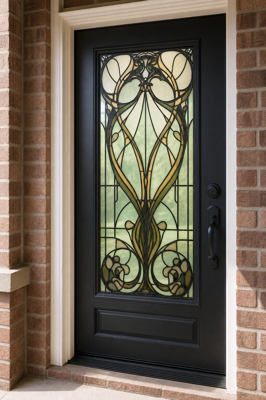 Sage Heart Art Nouveau Front Door Window Film – Custom Size Static Cling installed scene 1