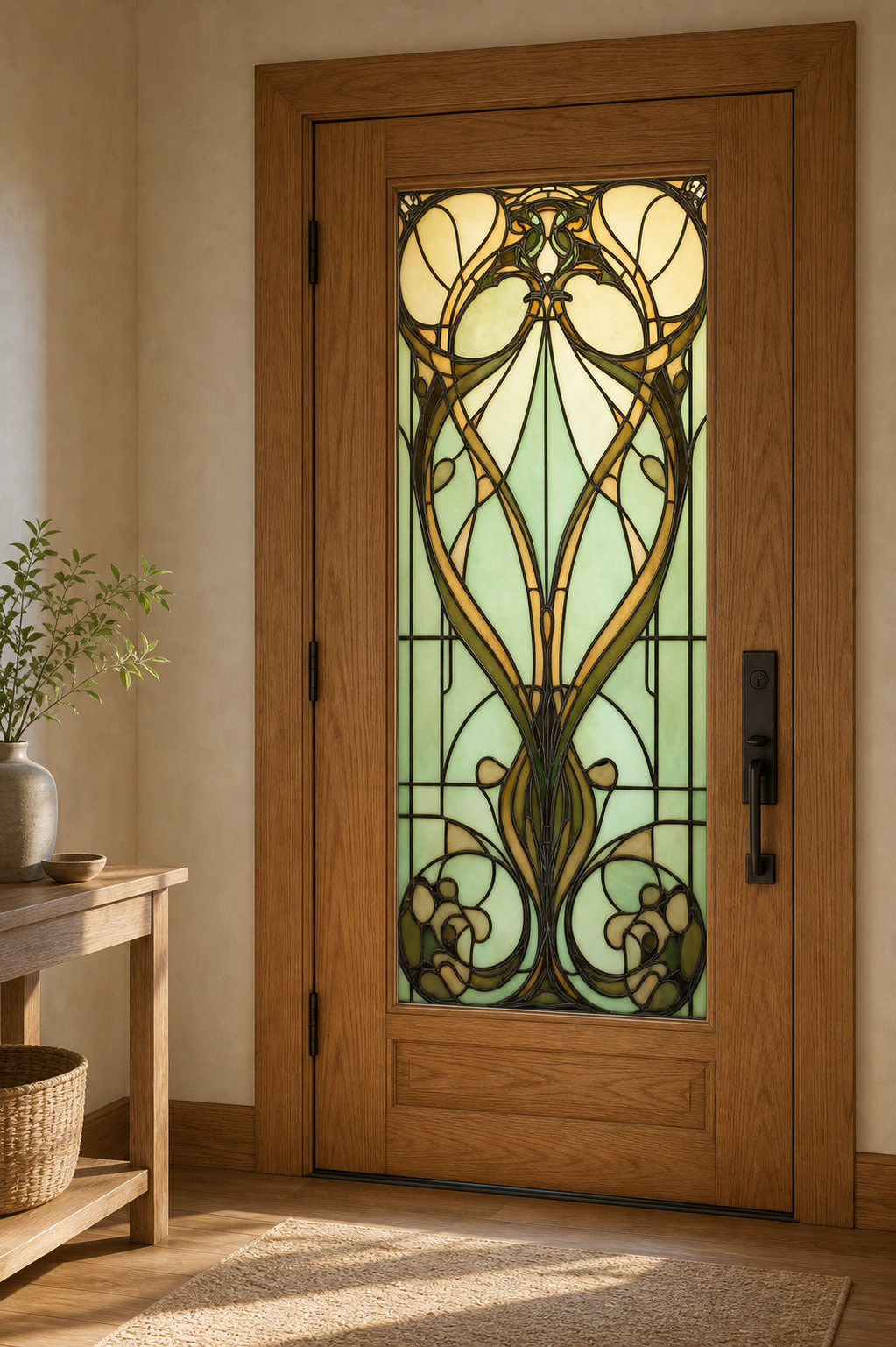 Sage Heart Art Nouveau Front Door Window Film – Custom Size Static Cling installed scene 2