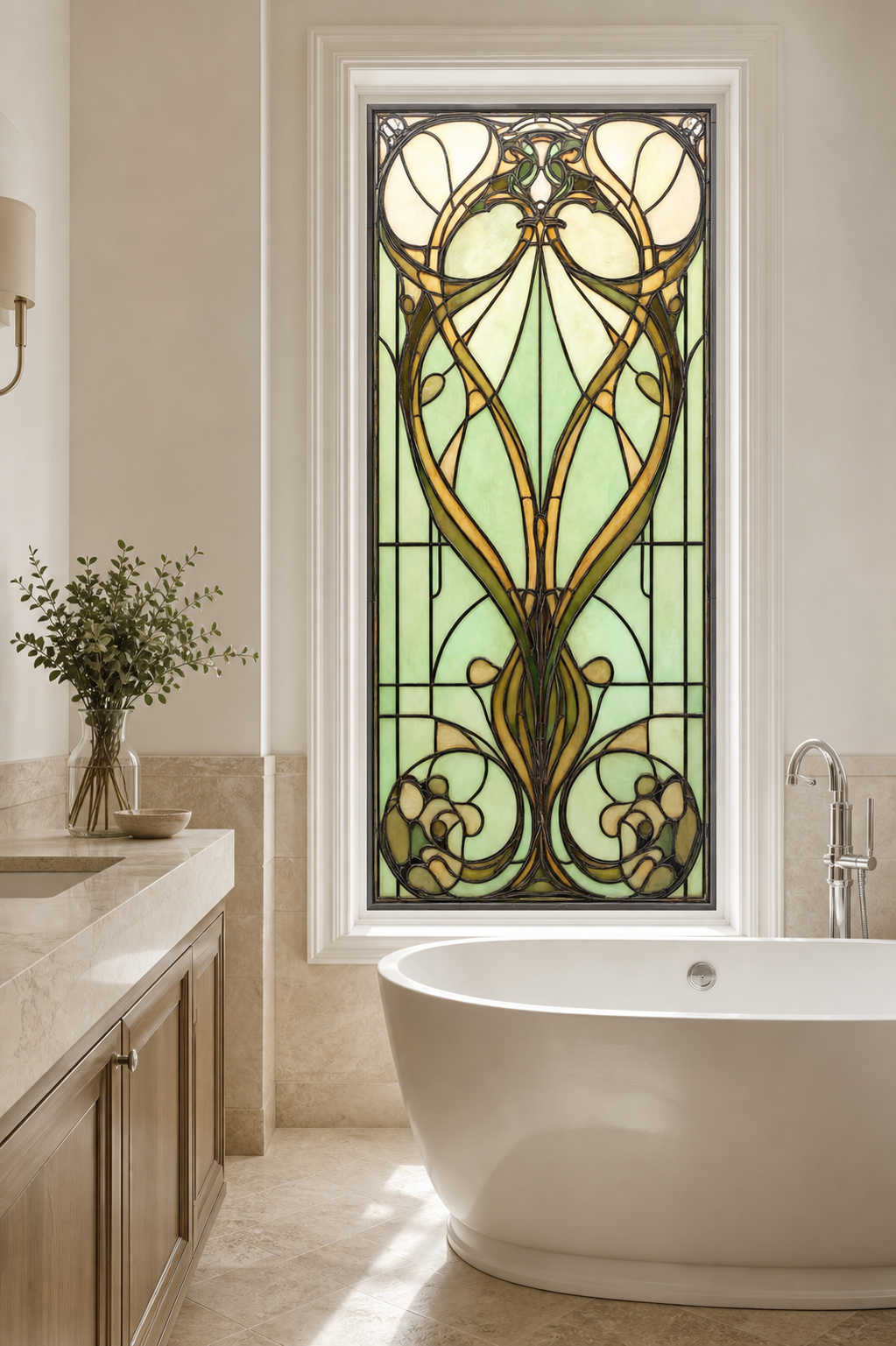 Sage Heart Art Nouveau Front Door Window Film – Custom Size Static Cling installed scene 3
