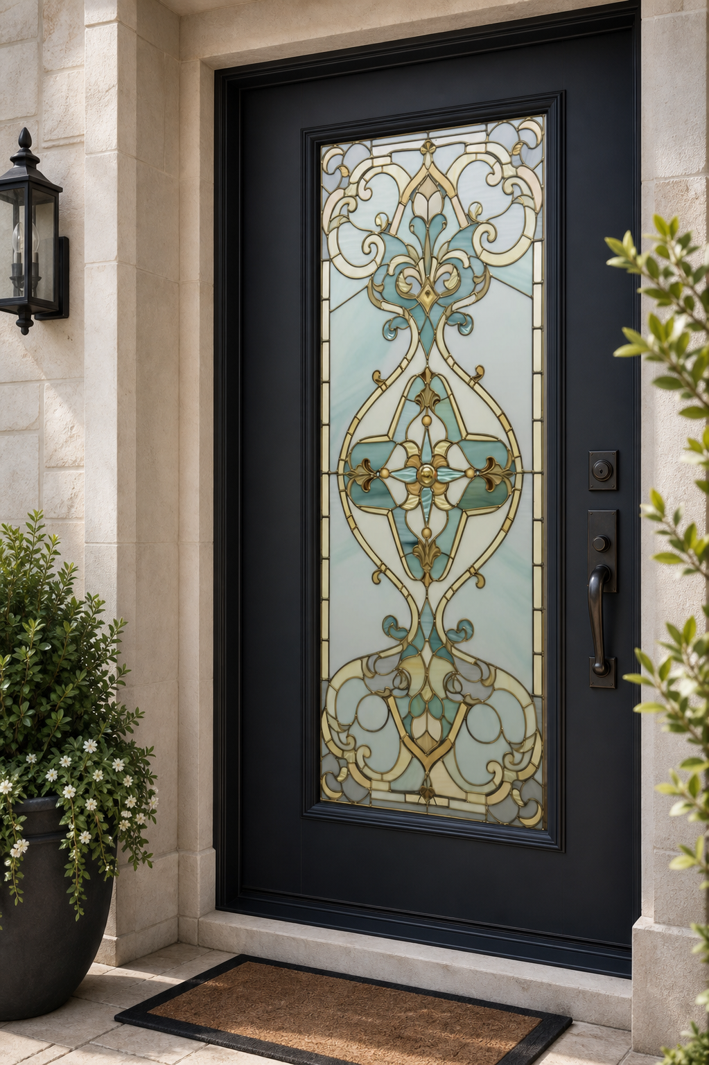Aqua Gold Scrollwork Front Door Window Film – Custom Size Static Cling installed scene 1
