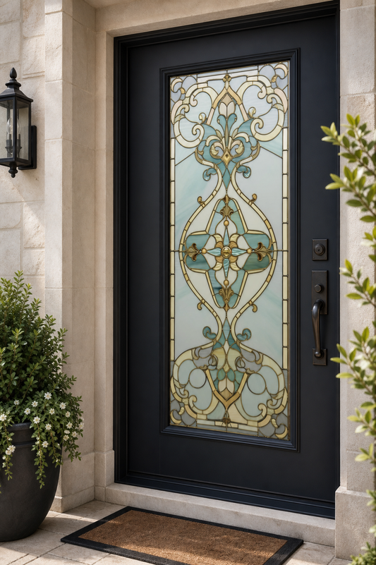Aqua Gold Scrollwork Front Door Window Film – Custom Size Static Cling installed scene 1