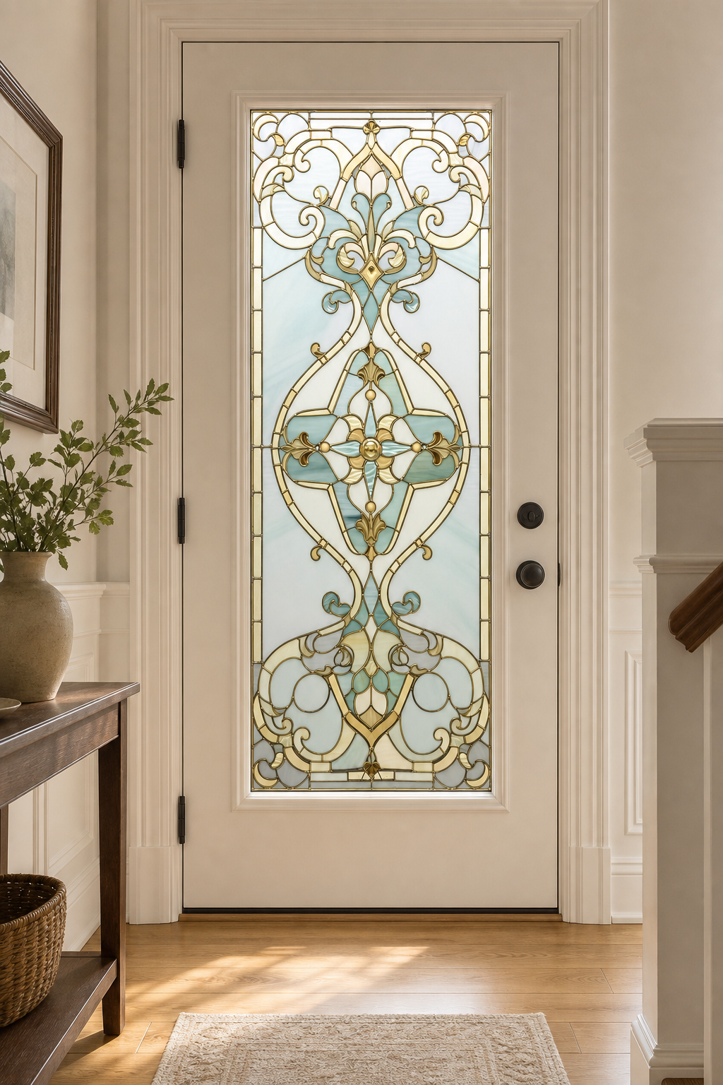 Aqua Gold Scrollwork Front Door Window Film – Custom Size Static Cling installed scene 2
