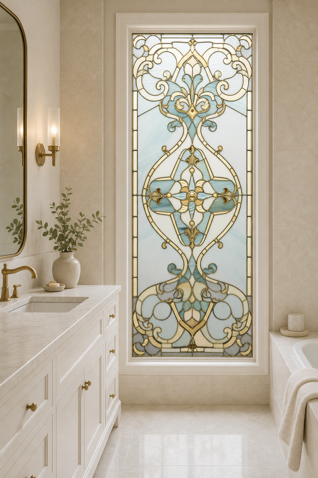 Aqua Gold Scrollwork Front Door Window Film – Custom Size Static Cling installed scene 3