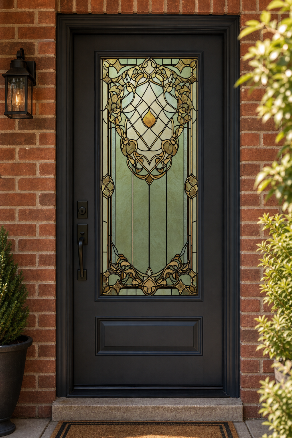Sage Botanical Crown Front Door Window Film – Custom Size Static Cling installed scene 1