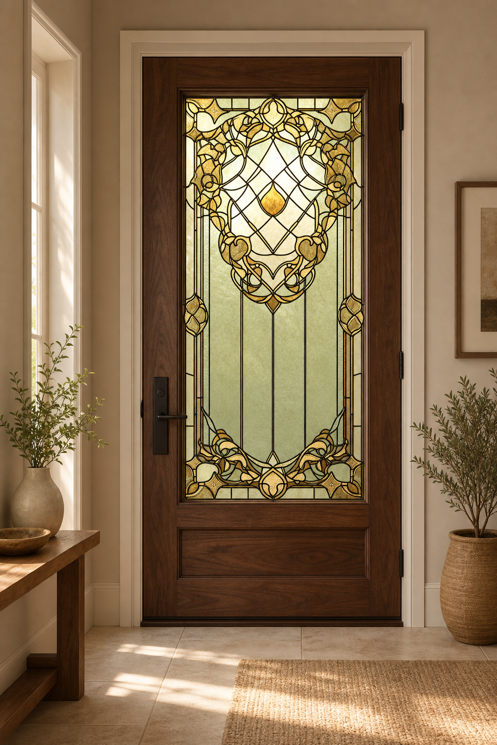 Sage Botanical Crown Front Door Window Film – Custom Size Static Cling installed scene 2