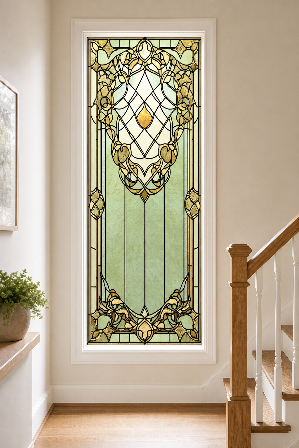 Sage Botanical Crown Front Door Window Film – Custom Size Static Cling installed scene 3