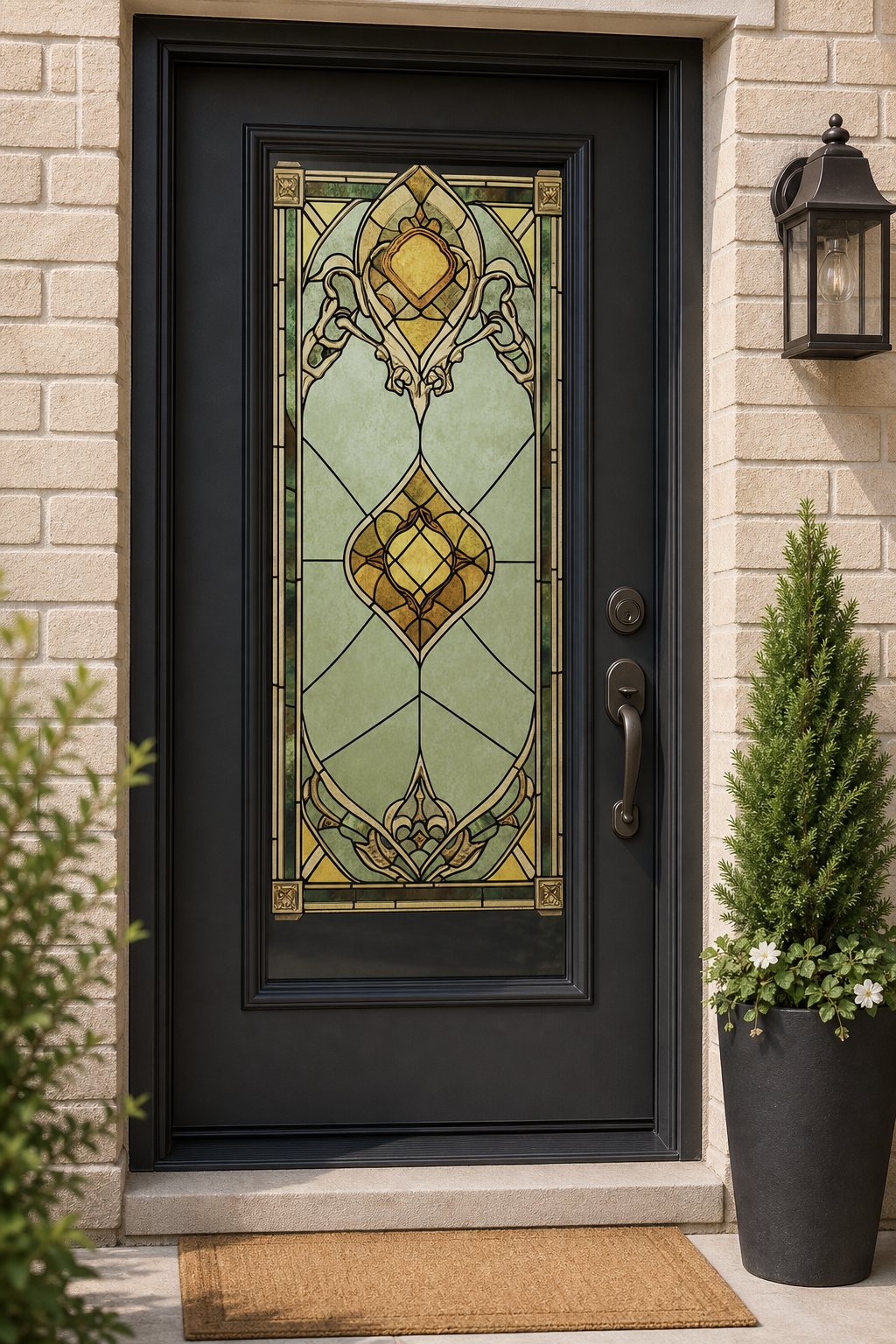 Amber Medallion Sage Front Door Window Film – Custom Size Static Cling installed scene 1