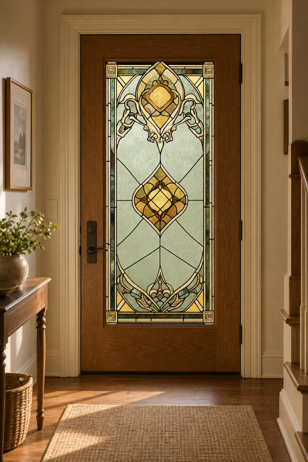 Amber Medallion Sage Front Door Window Film – Custom Size Static Cling installed scene 2