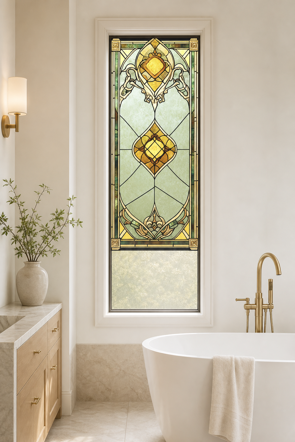 Amber Medallion Sage Front Door Window Film – Custom Size Static Cling installed scene 3