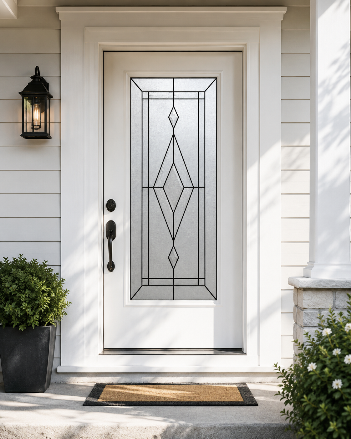 Clear geometric diamond window film on a white front door