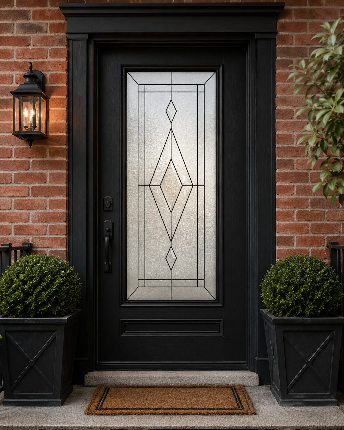 Clear geometric diamond window film on a black front door
