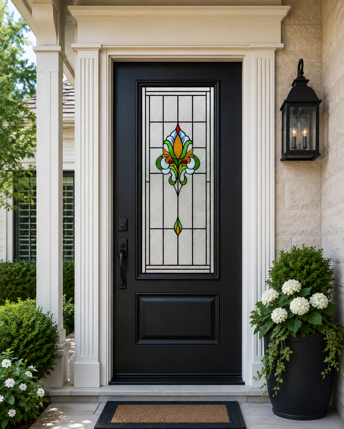 Colorful fleur-de-lis window film on a black front door