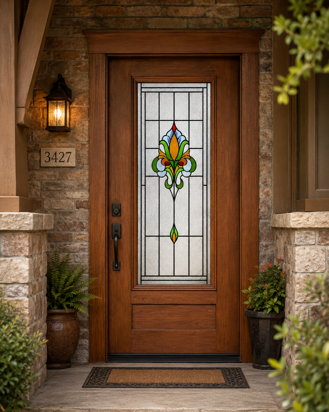 Fleur-de-lis privacy window film on a white front door