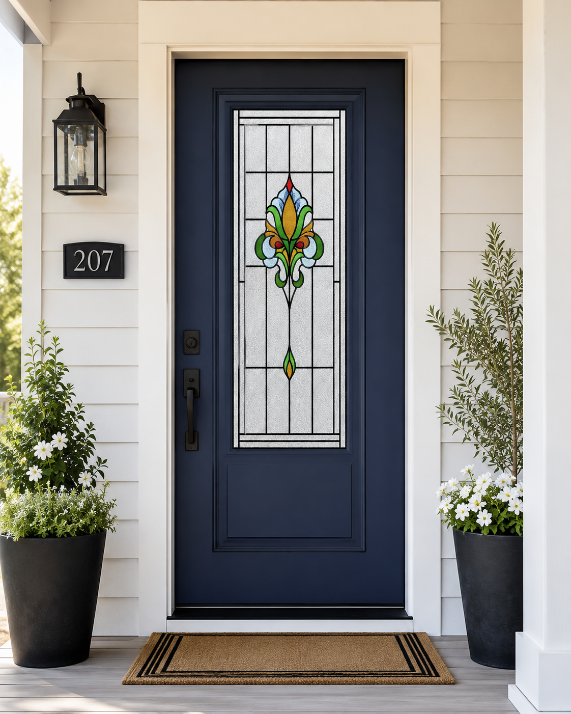 Colorful traditional window film on a front entry door