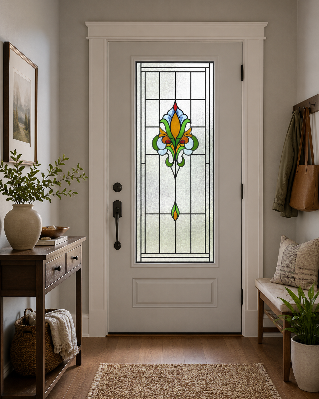 Colorful fleur-de-lis static cling film on a wood door