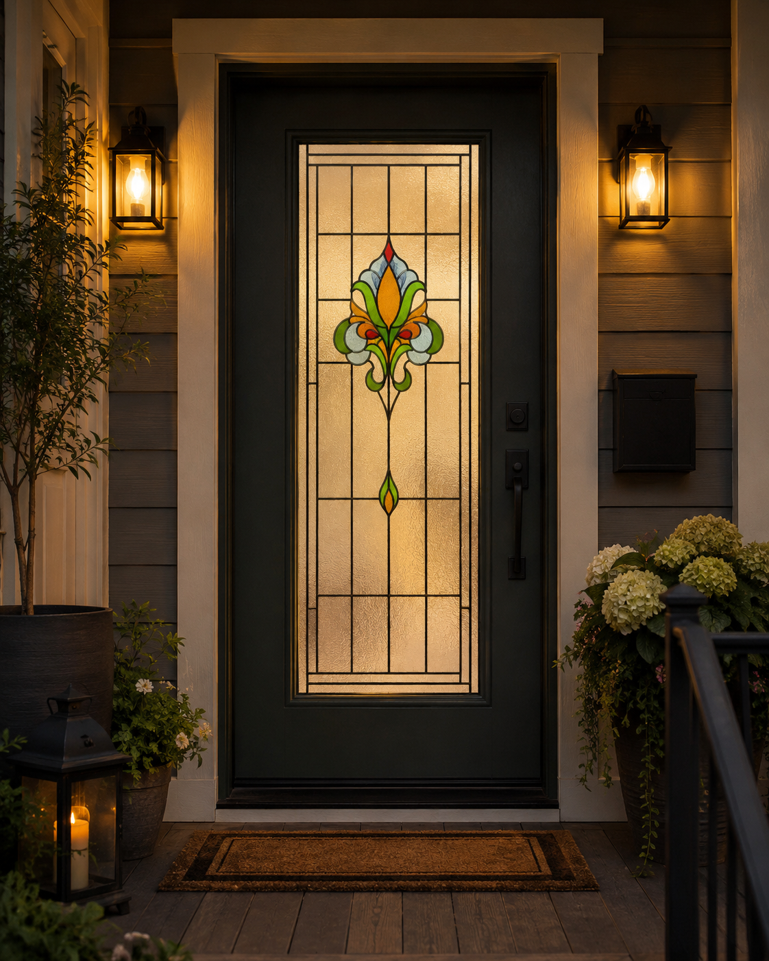 Traditional fleur-de-lis window film shown on an entry door