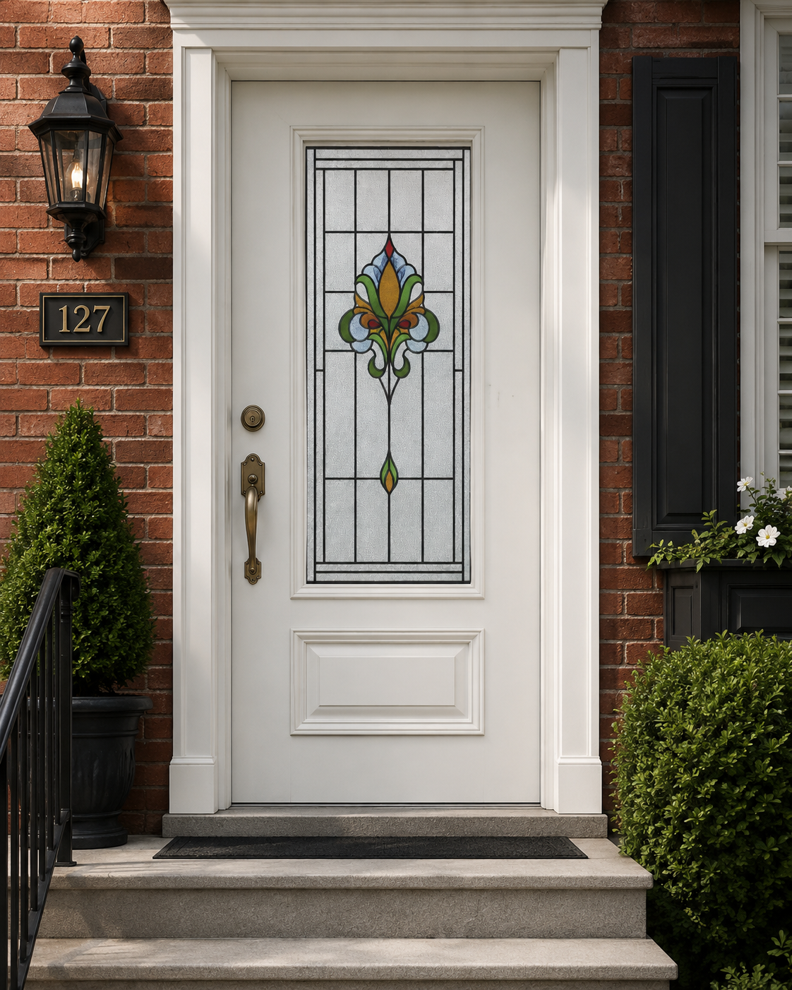 Colorful privacy film on a white front door with brick exterior