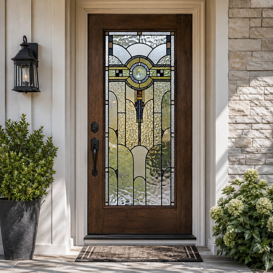 Art Deco medallion static cling window film on a bright front door