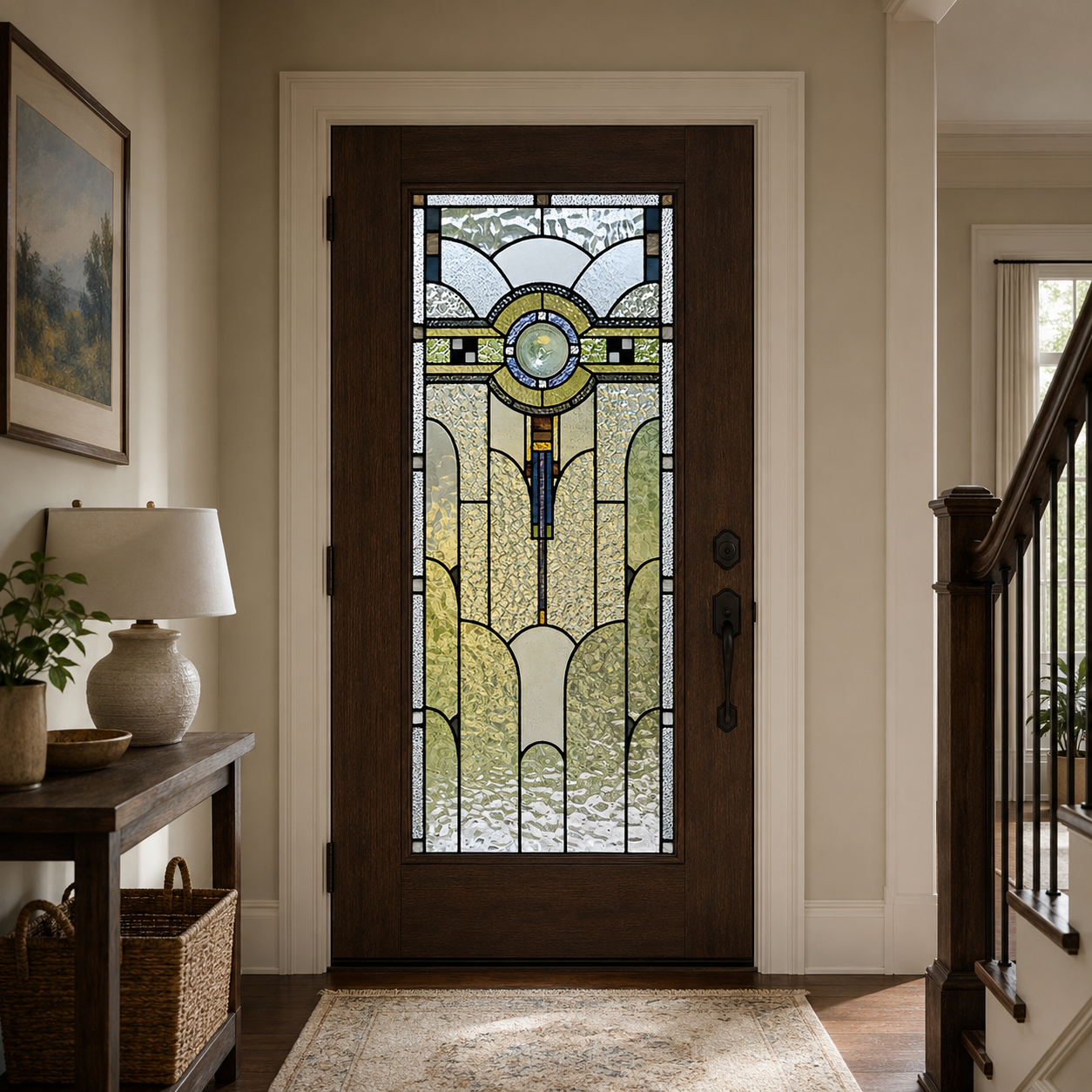 Art Deco medallion privacy window film viewed from an interior entryway