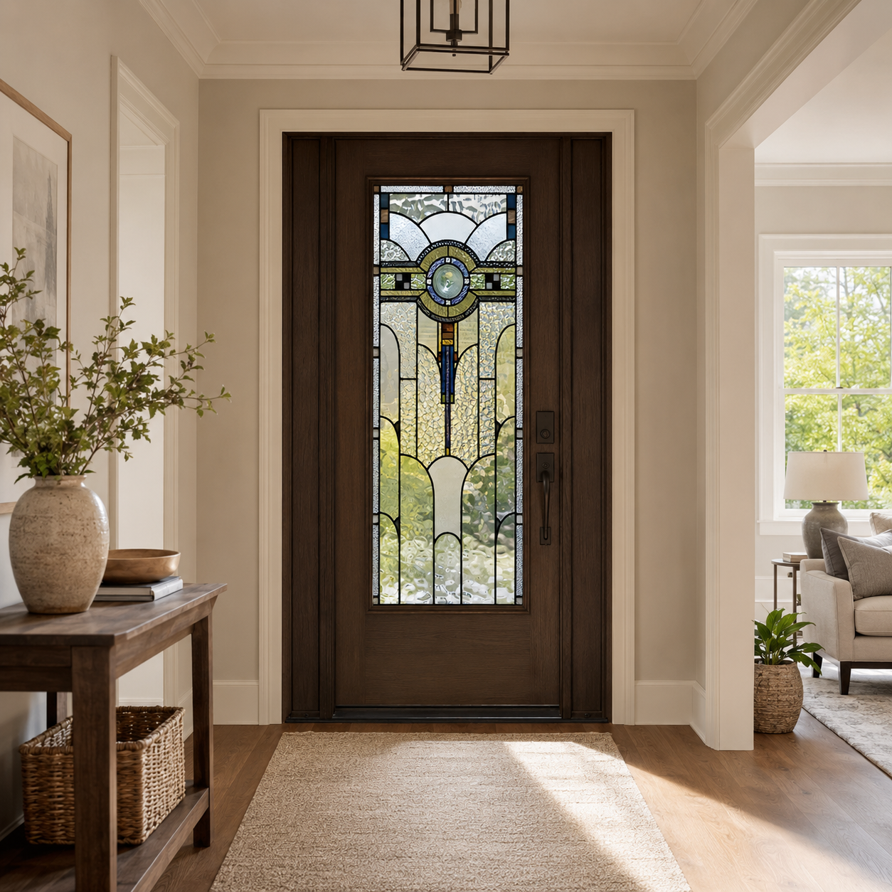 Custom size Art Deco window film in a bright neutral foyer