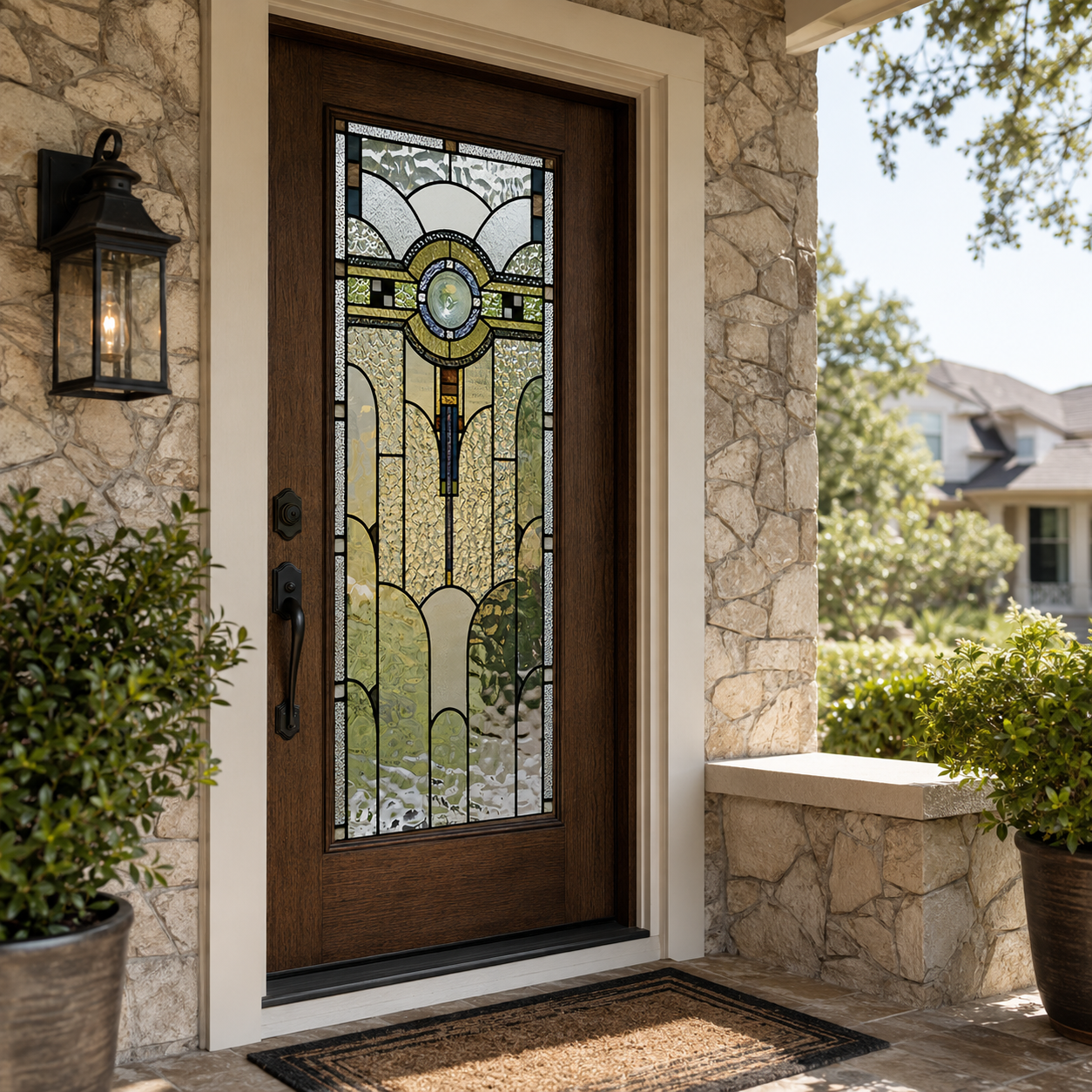Art Deco stained glass effect film shown at an angled exterior view