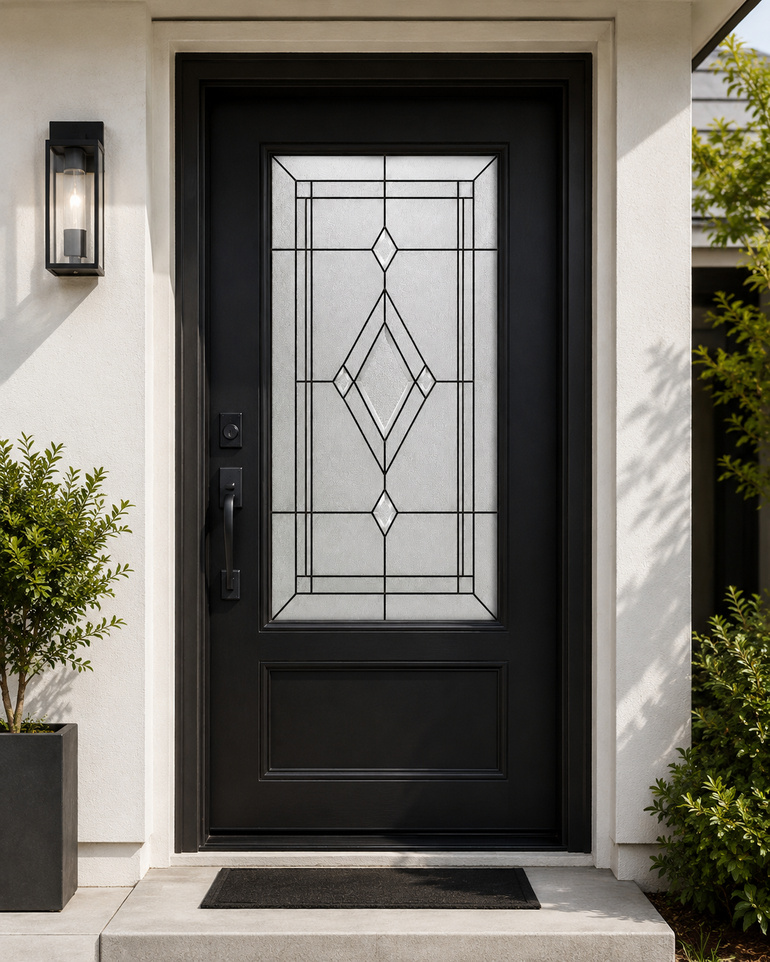 Beveled-look double diamond window film on a black front door