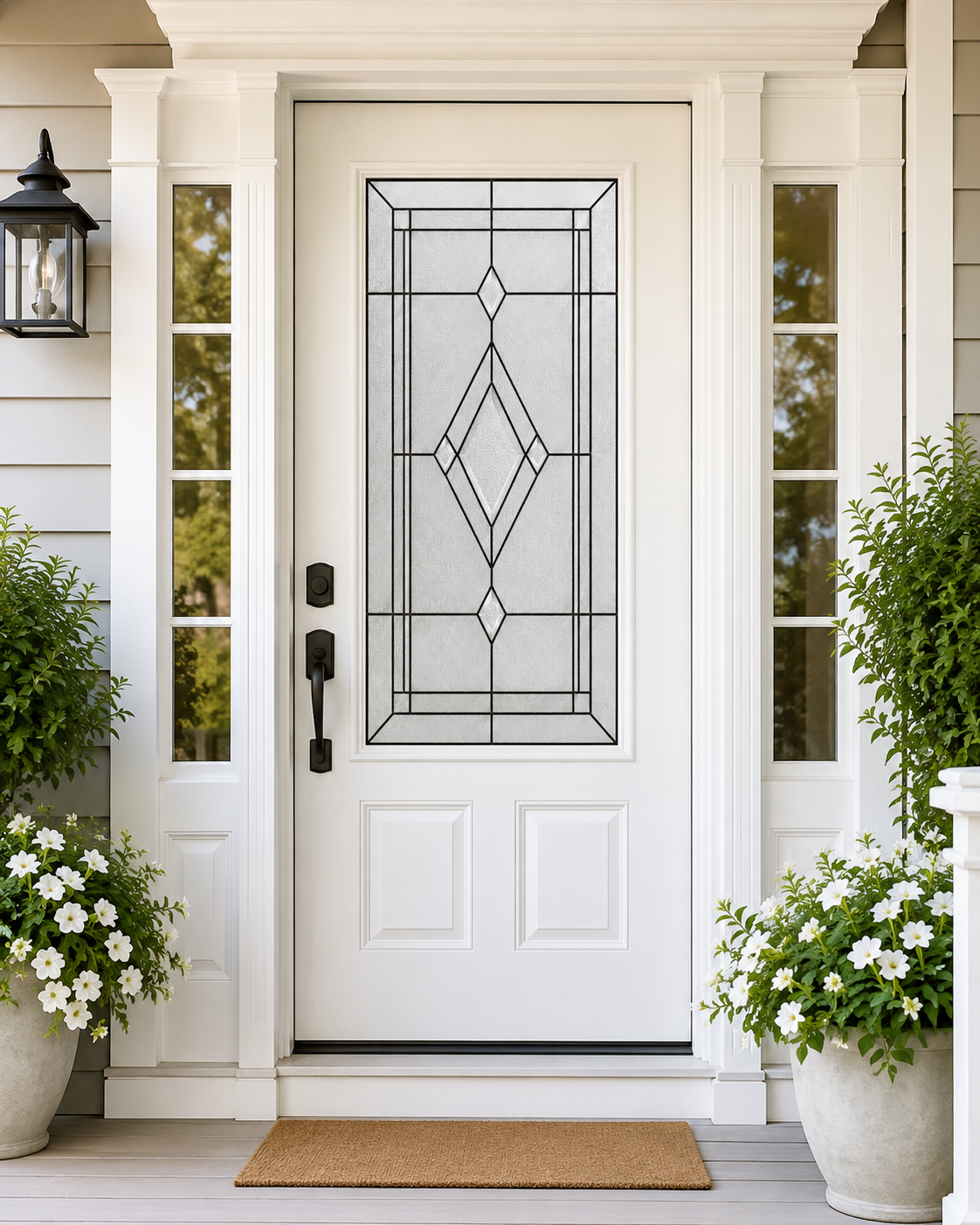Double diamond privacy window film on a white front door