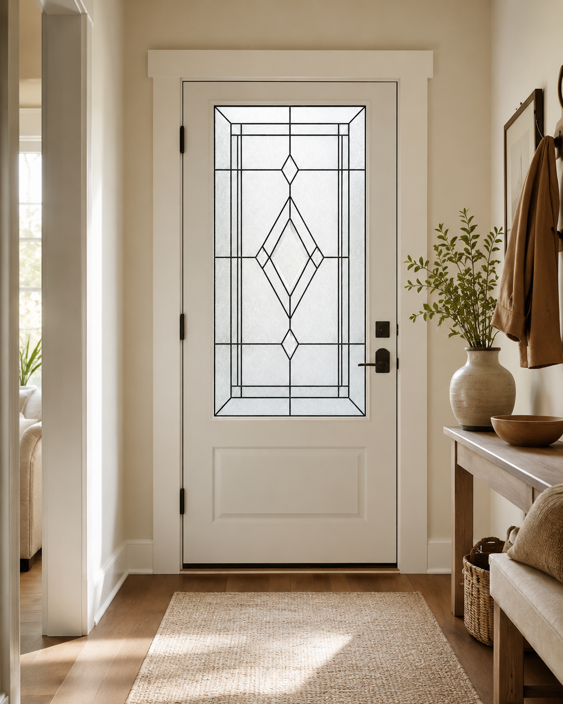 Beveled double diamond window film in a bright entryway