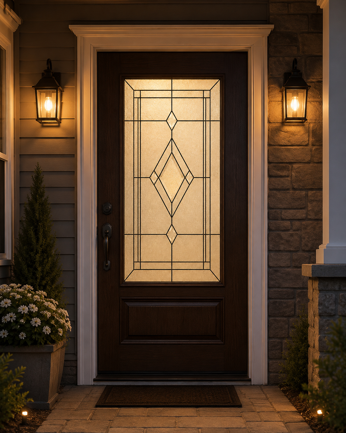 Double diamond static cling film on a wood front door