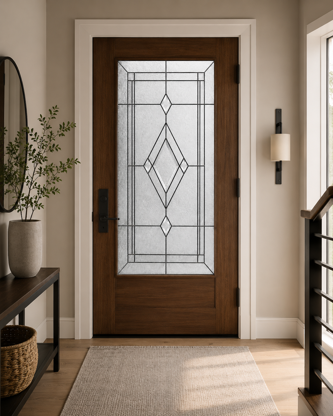 Geometric double diamond privacy film on a front door