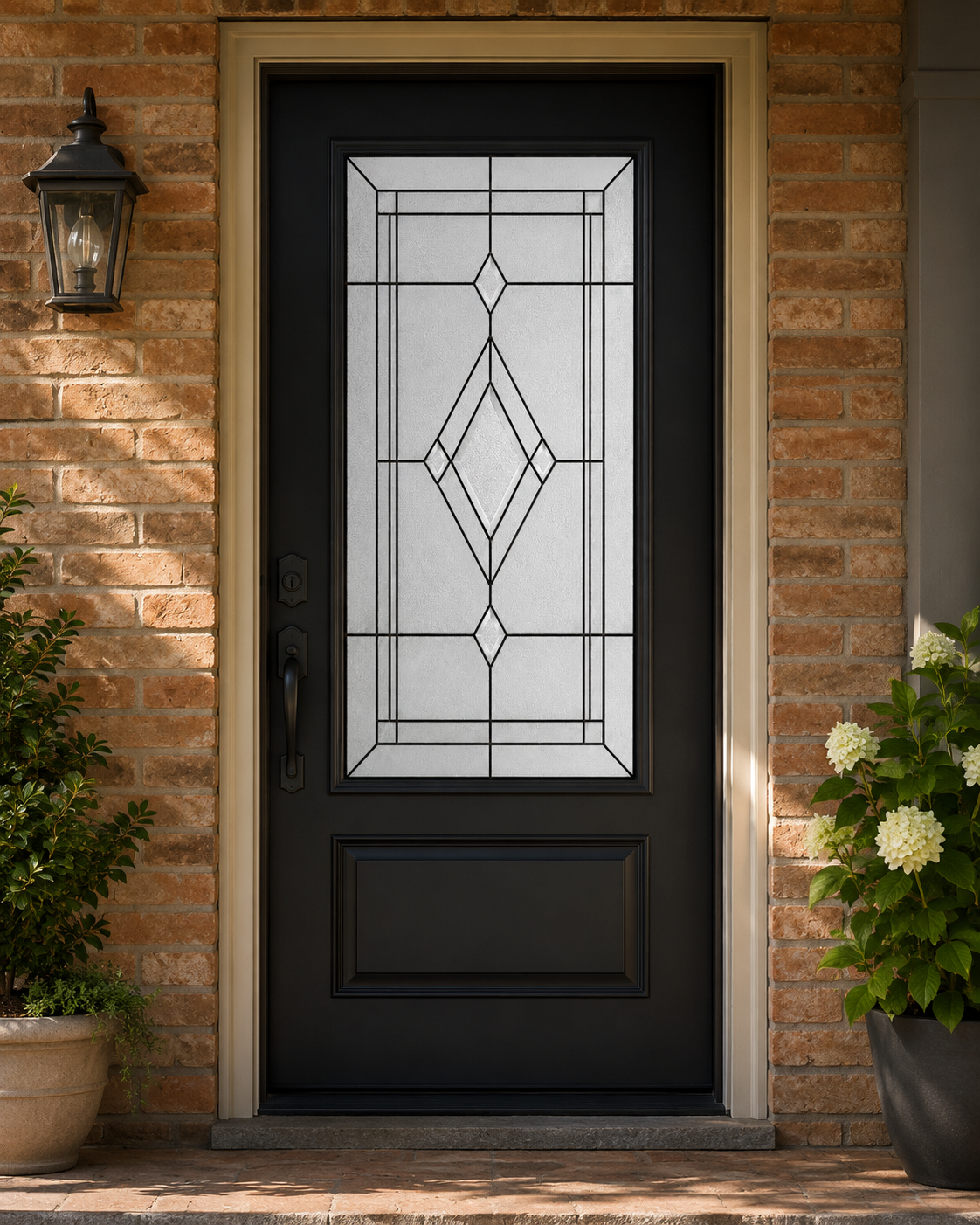 Beveled-look geometric window film on a brick home entry door