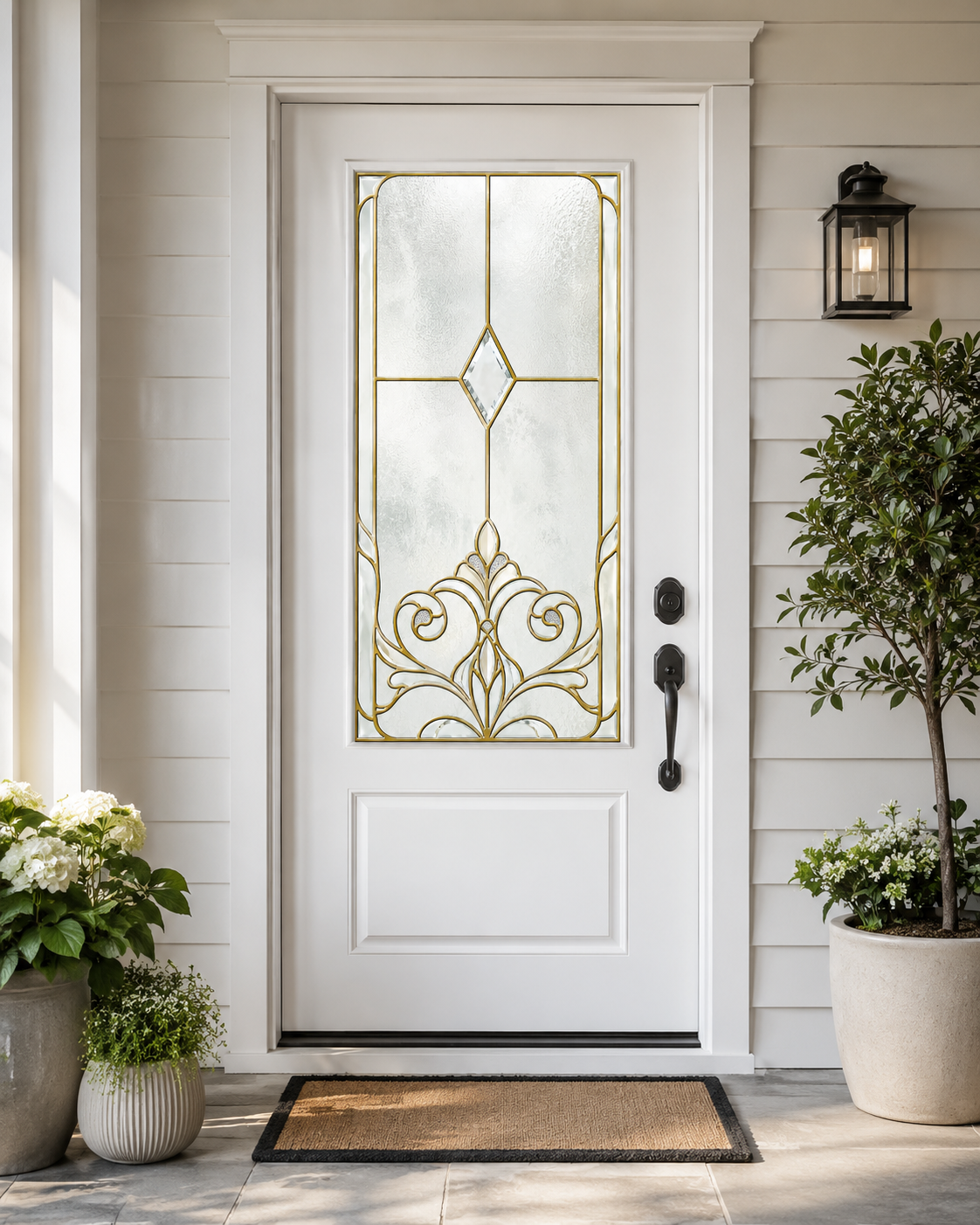 Gold Art Nouveau scroll window film on a white front door