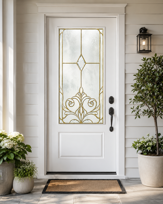 Gold Art Nouveau scroll window film on a white front door