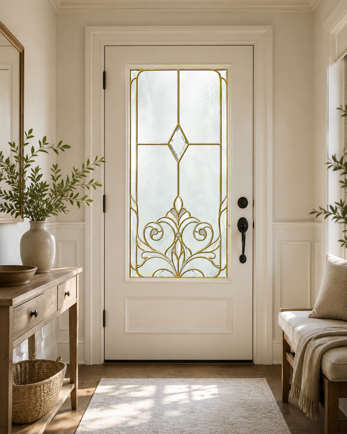 Gold scrollwork privacy window film on a wood front door