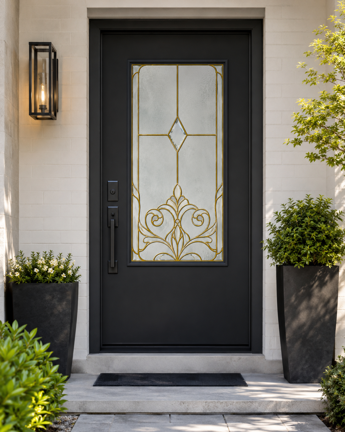 Art Nouveau gold window film on a bright front entry