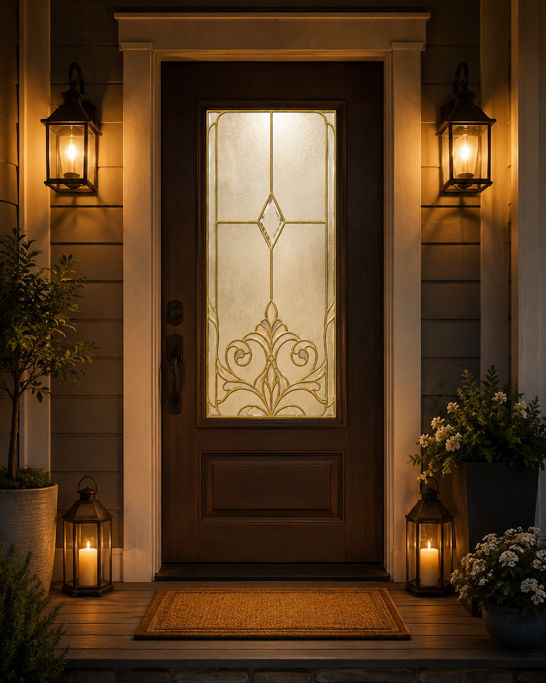 Gold Art Nouveau static cling film on a black front door