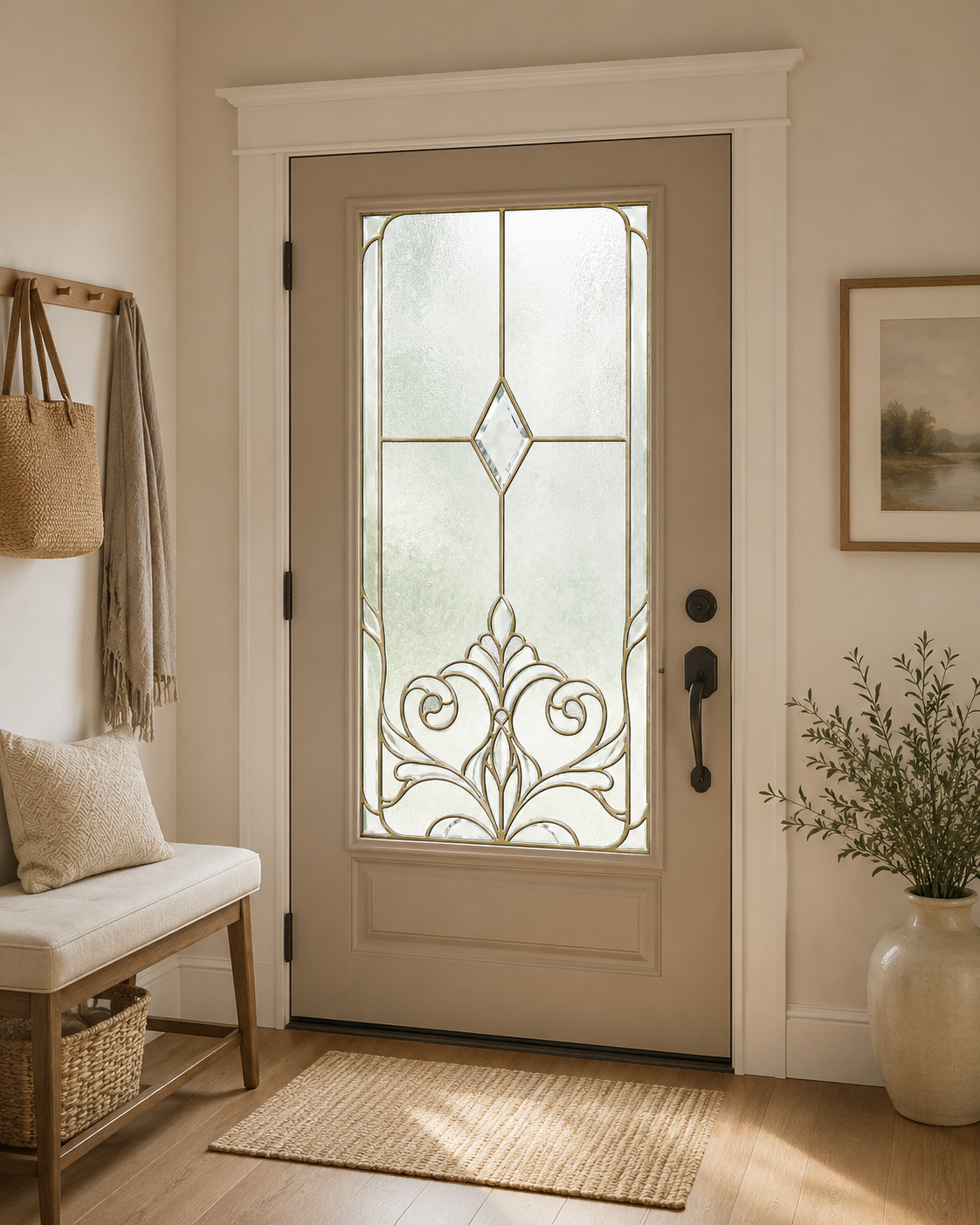 Gold scrollwork window film shown on an entry door