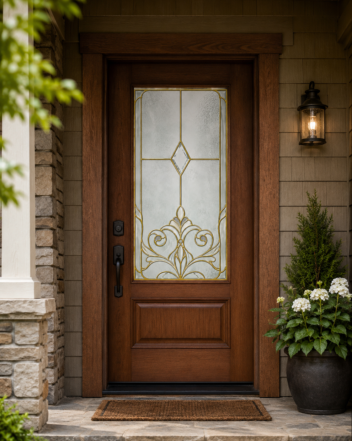 Art Nouveau gold privacy film on a traditional front door