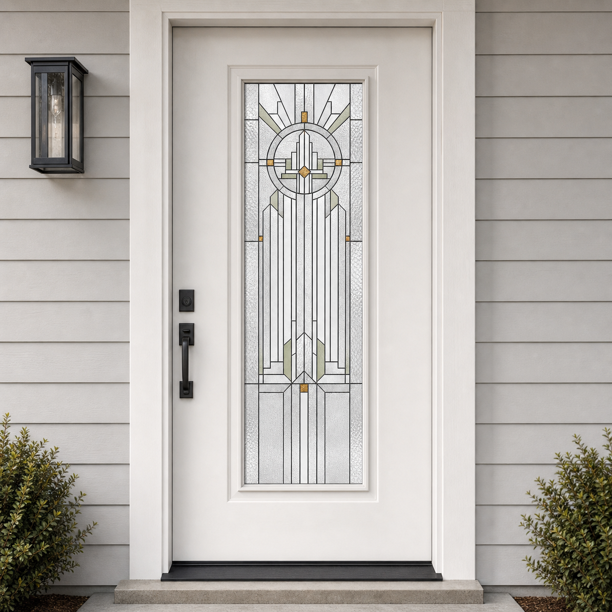 Neutral white Art Deco medallion front door window film, exterior view