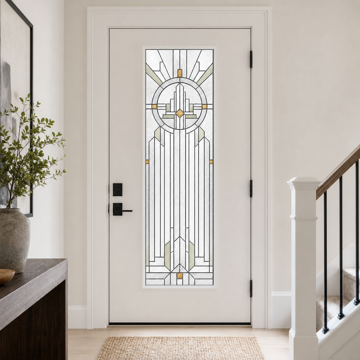 Neutral white Art Deco medallion front door window film, interior foyer view