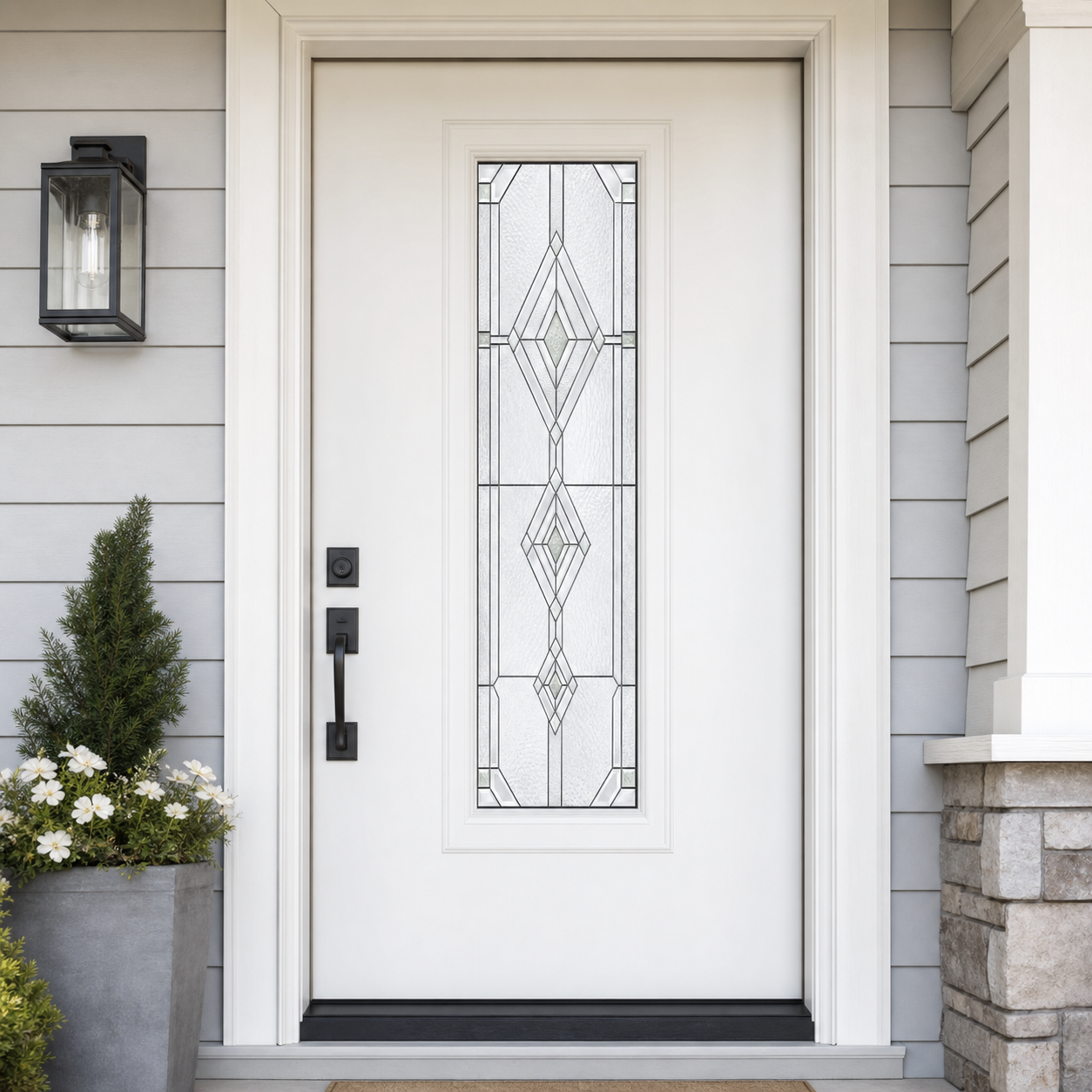 Clear diamond cascade front door window film, exterior view