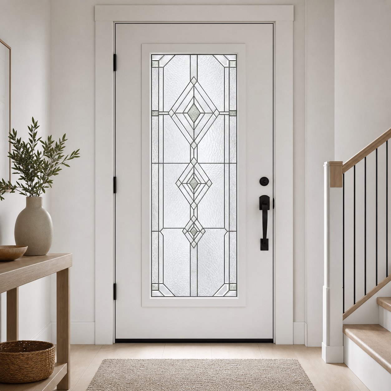Clear diamond cascade front door window film, interior foyer view
