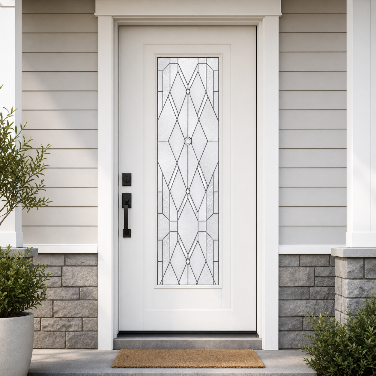 White beveled lattice front door window film, exterior view