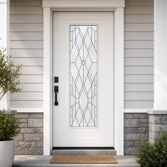 White beveled lattice front door window film, exterior view