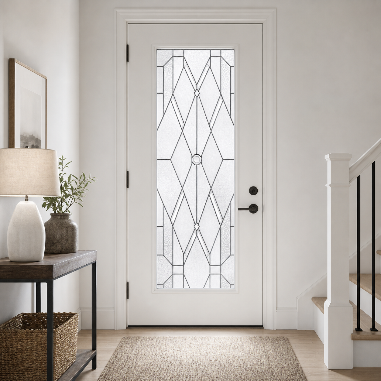 White beveled lattice front door window film, interior foyer view